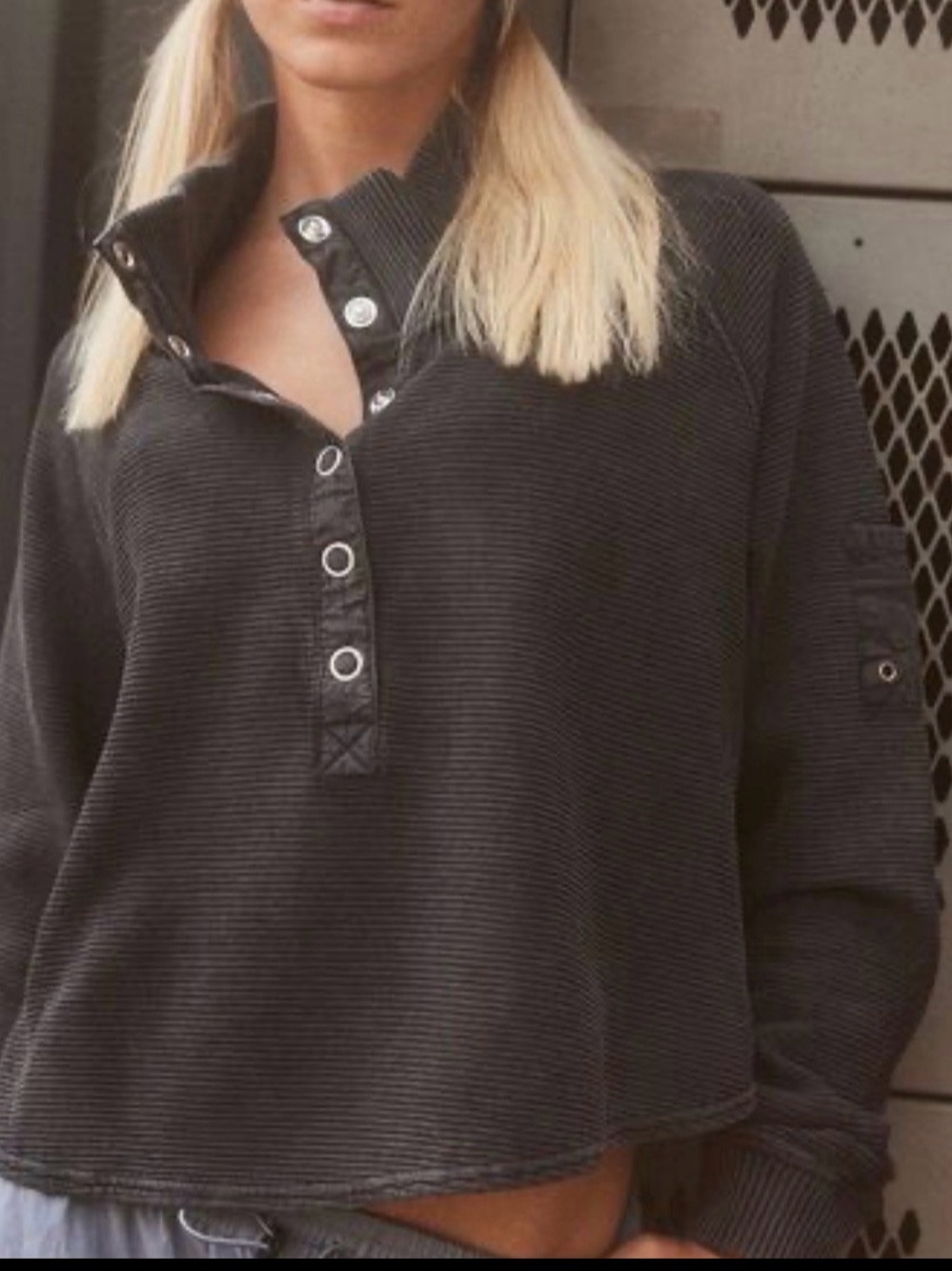 FP Movement by Free People  Charcoal Snap-Front Ribbed  Pullover Henley XS